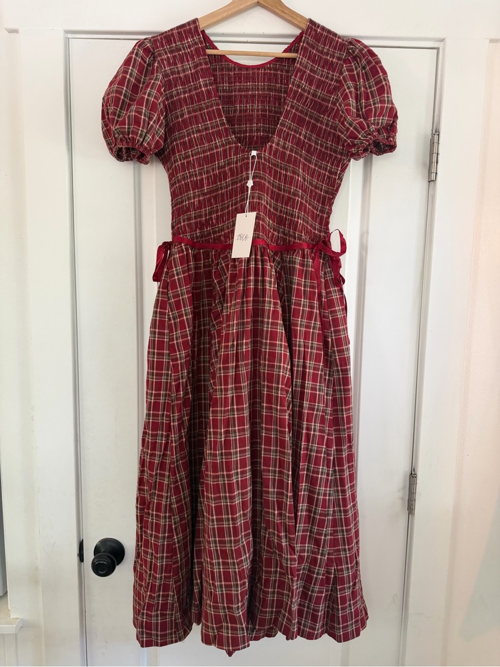 Shop Zoco Red Plaid Smocked Dress - L - Picture 5 of 10